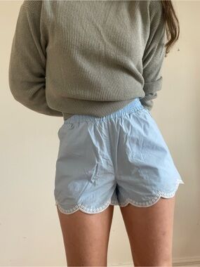 Light Blue cotton Scalloped Hem Women's Shorts